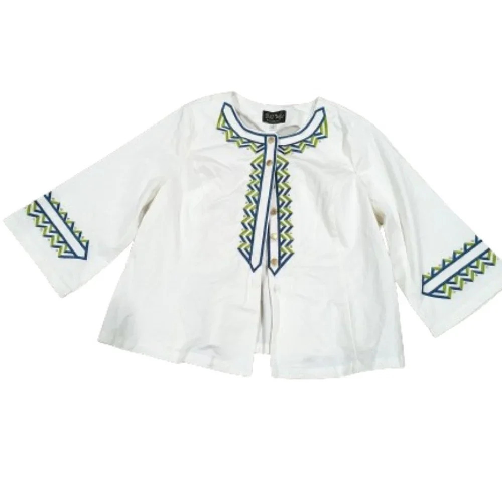 Bob Mackie Womens White Zip Zag Embroidered Button Front Twill Jacket Size 1X